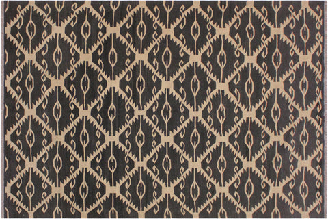 handmade Modern Kilim Black Ivory Hand-Woven RECTANGLE 100% WOOL area rug 6' x 8'