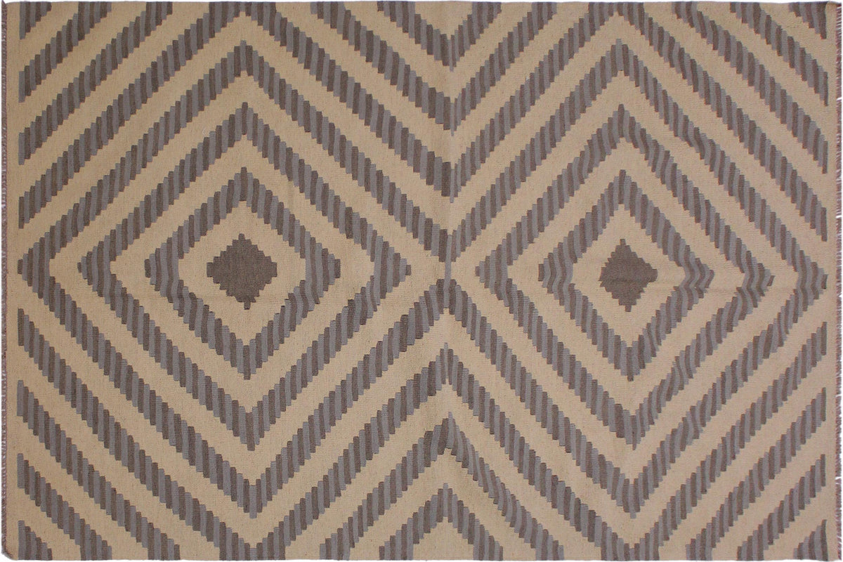 5x7 hand woven Turkish Modern Kilim wool rug in ivory and gray - Turkish Eclectic Sapp