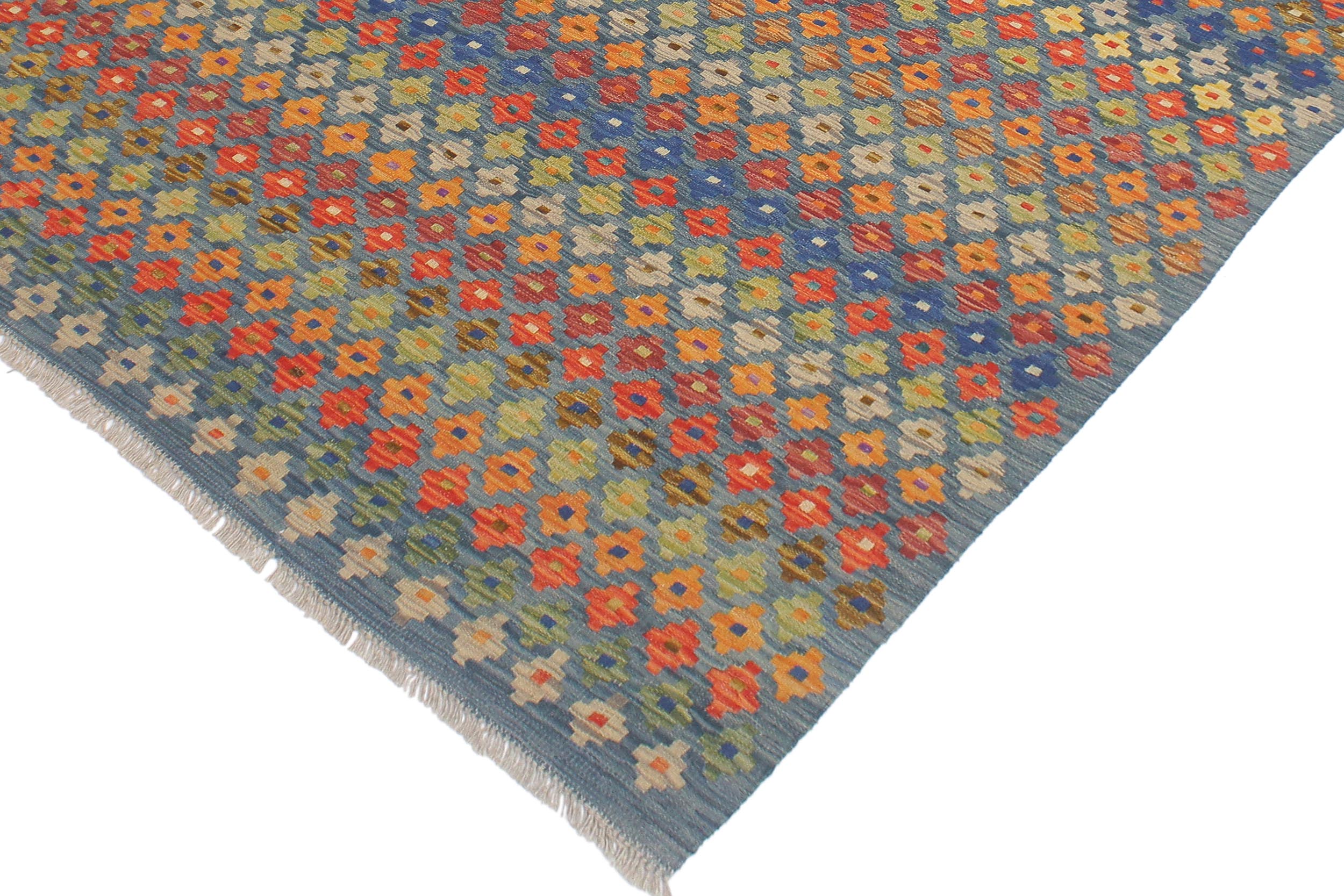 handmade Modern Kilim Blue Rust Hand-Woven RECTANGLE 100% WOOL area rug 5x7
