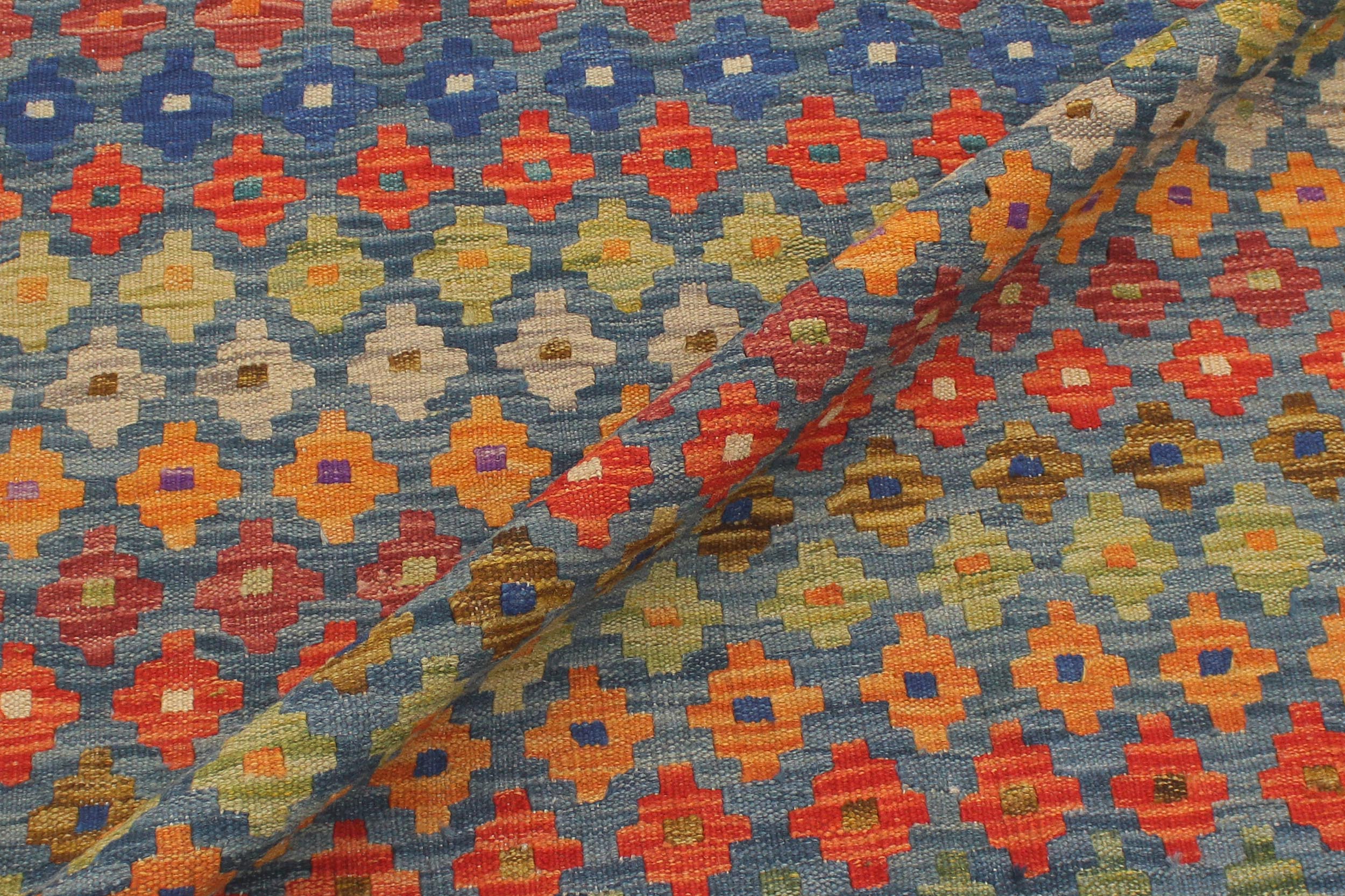 handmade Modern Kilim Blue Rust Hand-Woven RECTANGLE 100% WOOL area rug 5x7