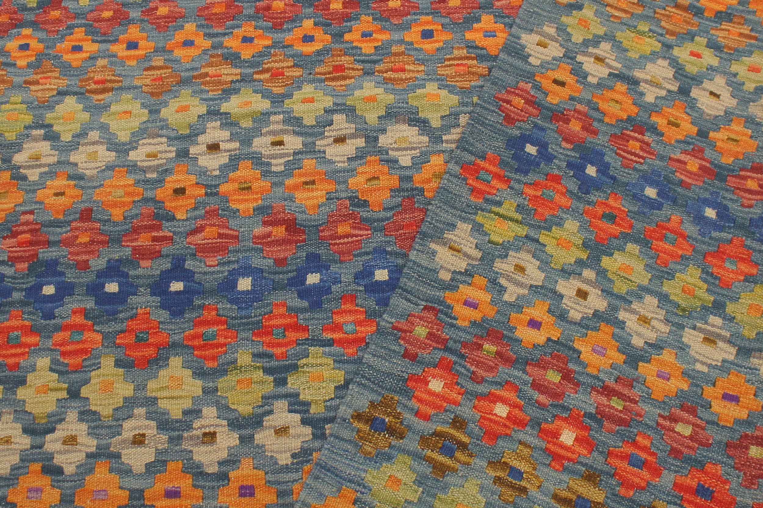 handmade Modern Kilim Blue Rust Hand-Woven RECTANGLE 100% WOOL area rug 5x7