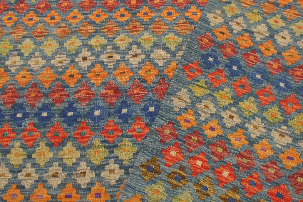 Flat Weave Kilim Antique Navaho Vintage handmade Modern Kilim Blue Rust Hand-Woven Rectangle 100% Wool Area Rug 5x7 