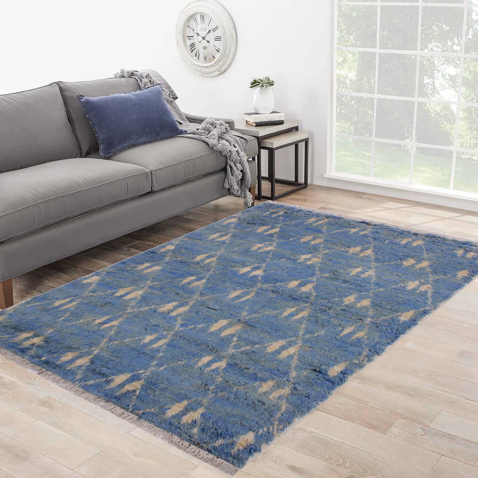 handmade Geometric Moroccan Lt. Blue Ivory Hand Knotted RECTANGLE 100% WOOL area rug 4' x 6'