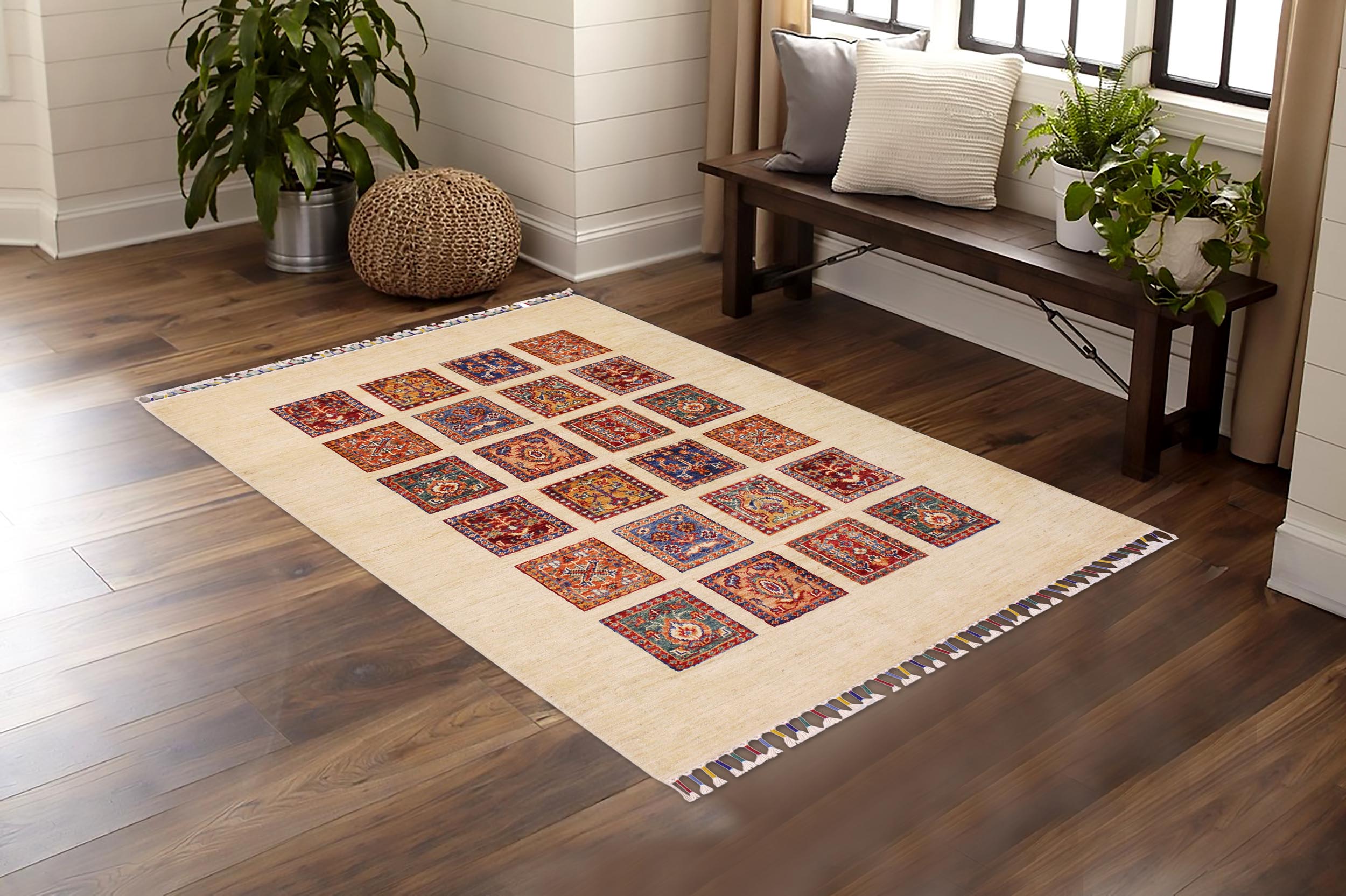 handmade Geometric Kurjean Beige Red Hand Knotted RECTANGLE 100% WOOL area rug 3x5
