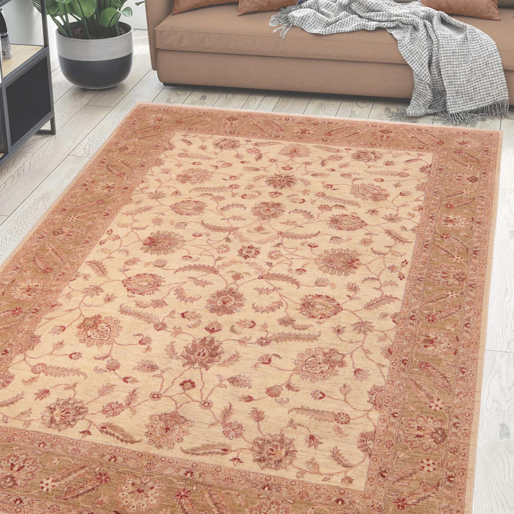 handmade Transitional Kafkaz Ivory Green Hand Knotted RECTANGLE 100% WOOL area rug 10' x 14'