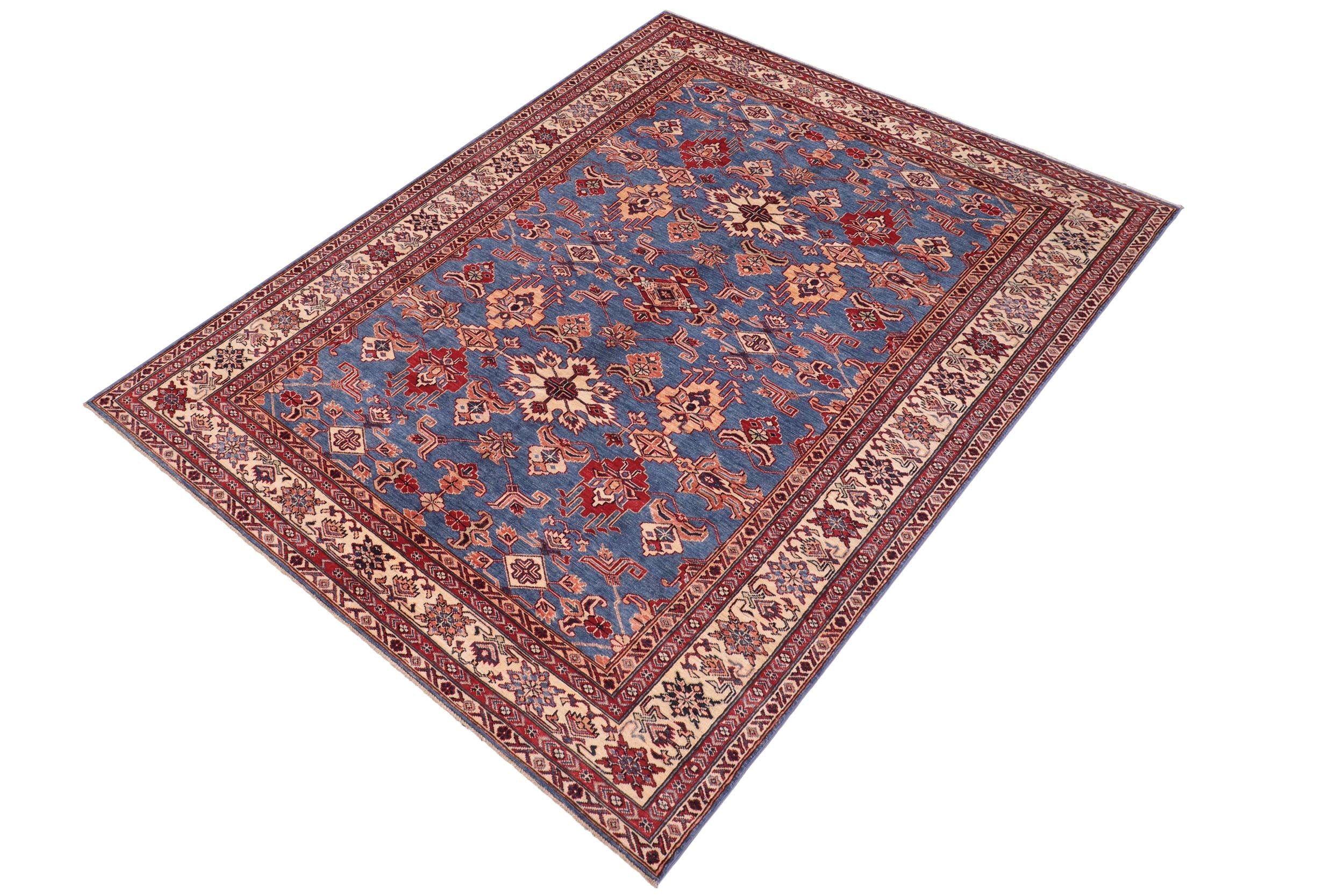 handmade Geometric Super Kazak Lt. Blue Ivory Hand Knotted RECTANGLE 100% WOOL area rug 6' x 9'