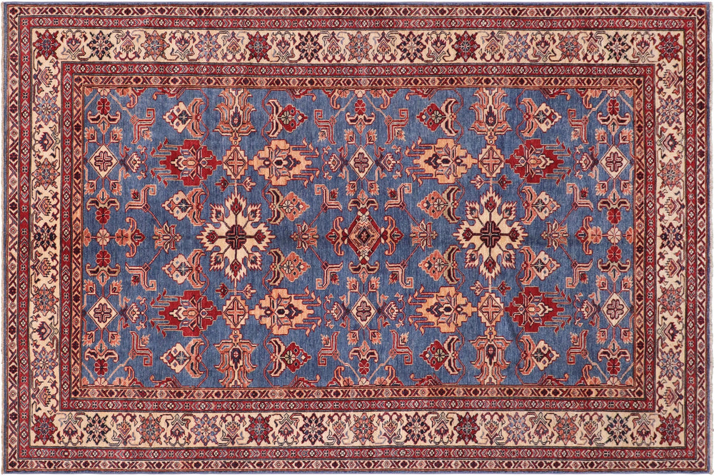 handmade Geometric Super Kazak Lt. Blue Ivory Hand Knotted RECTANGLE 100% WOOL area rug 6' x 9'