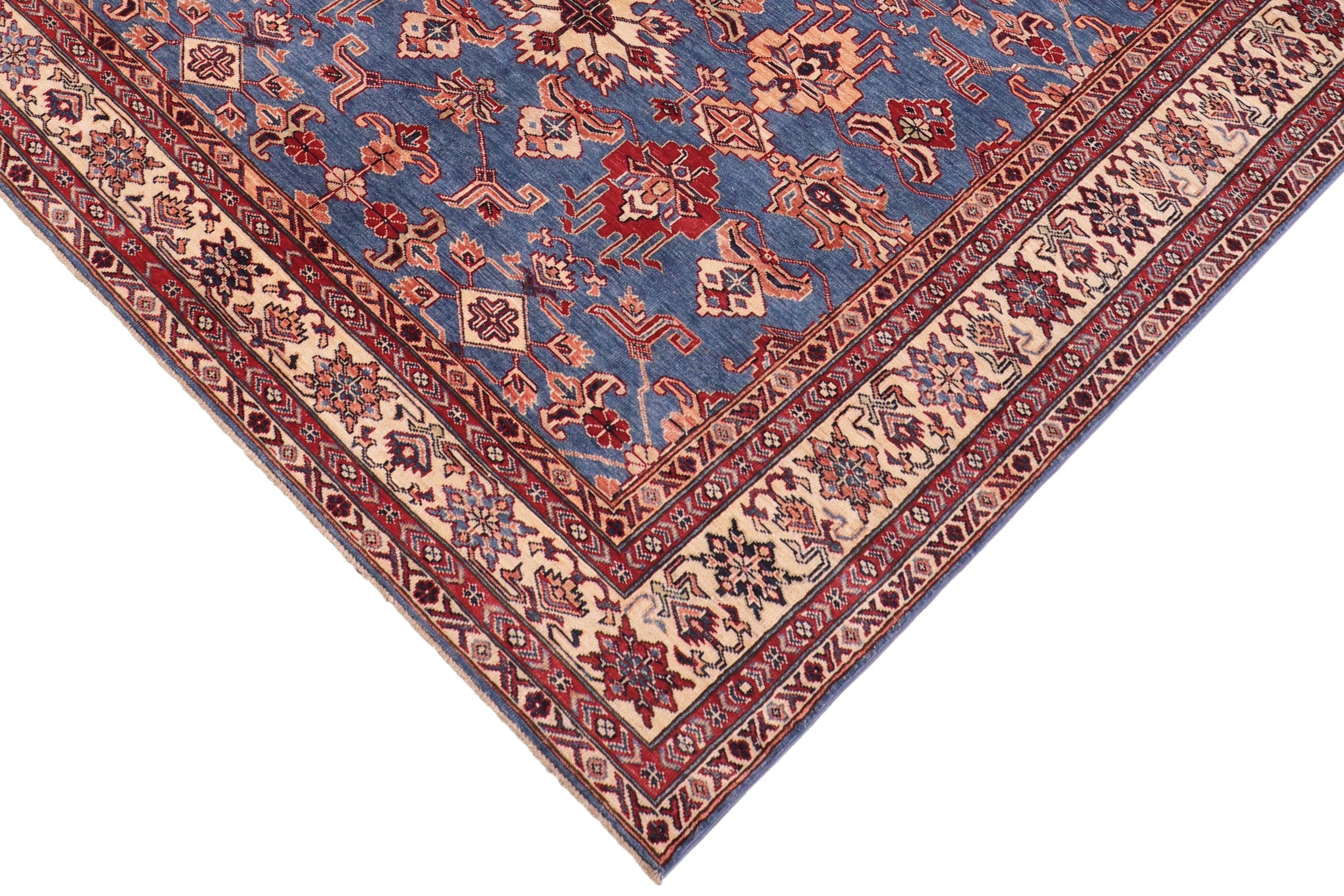 handmade Geometric Super Kazak Lt. Blue Ivory Hand Knotted RECTANGLE 100% WOOL area rug 6' x 9'