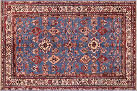handmade Geometric Super Kazak Lt. Blue Ivory Hand Knotted RECTANGLE 100% WOOL area rug 6' x 9'
