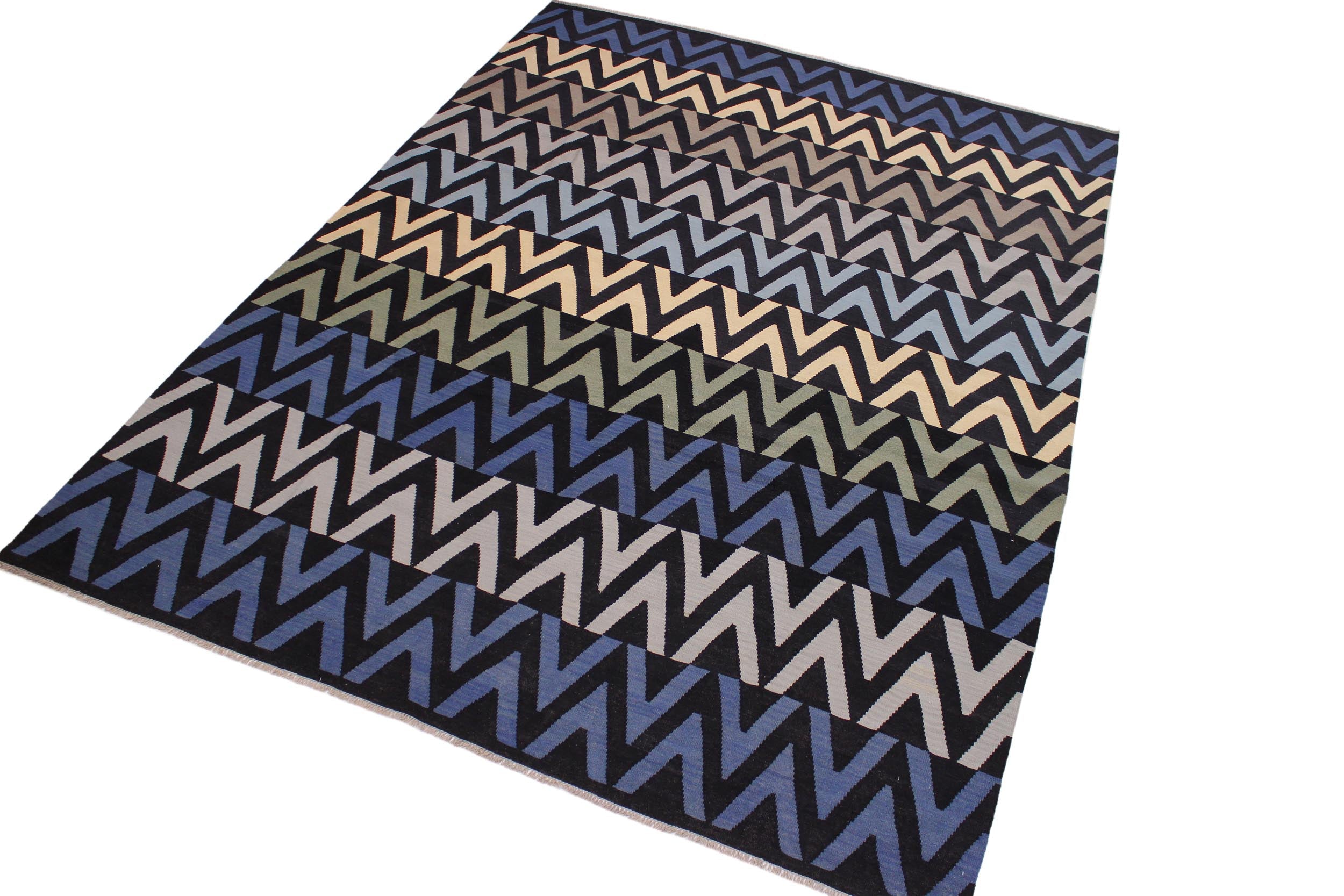 handmade Modern Kilim Black Blue Hand-Woven RECTANGLE 100% WOOL area rug 9x12