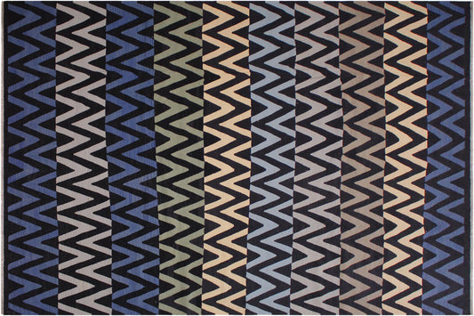 handmade Modern Kilim Black Blue Hand-Woven RECTANGLE 100% WOOL area rug 9x12