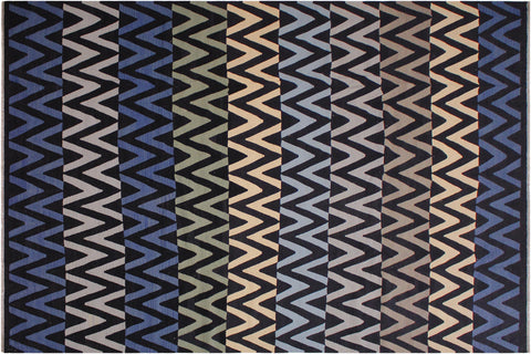 handmade Modern Kilim Black Blue Hand-Woven RECTANGLE 100% WOOL area rug 9x12