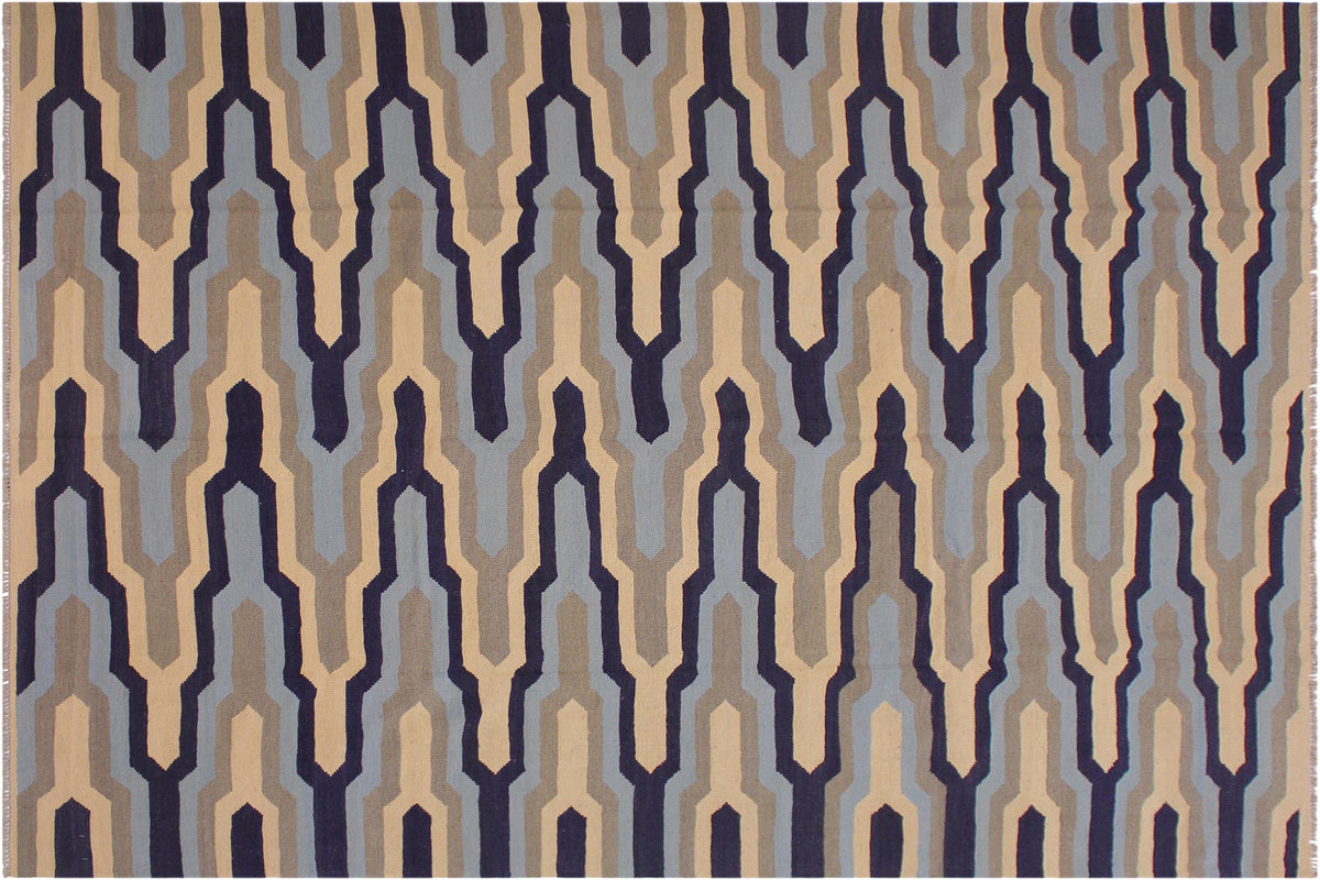8x10 hand woven Turkish Modern Kilim wool rug in ivory and blue - Turkish Eclectic Scherer
