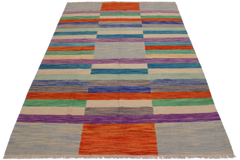 handmade Modern Kilim Grey Purple Hand-Woven RECTANGLE 100% WOOL area rug 7x10