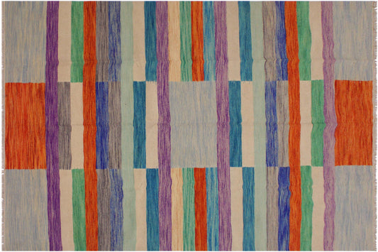 handmade Modern Kilim Grey Purple Hand-Woven RECTANGLE 100% WOOL area rug 7x10