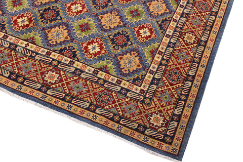 handmade Geometric Kazak Light Blue Red Hand Knotted RECTANGLE 100% WOOL area rug 10x14