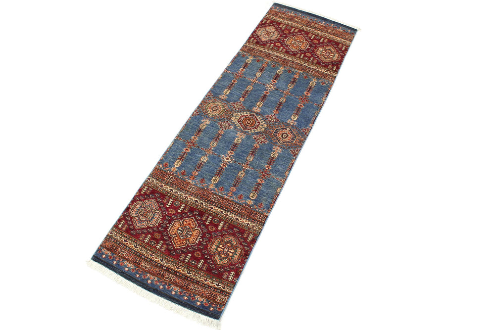handmade Geometric Kurjean Blue Red Hand Knotted RUNNER 100% WOOL area rug 3x9