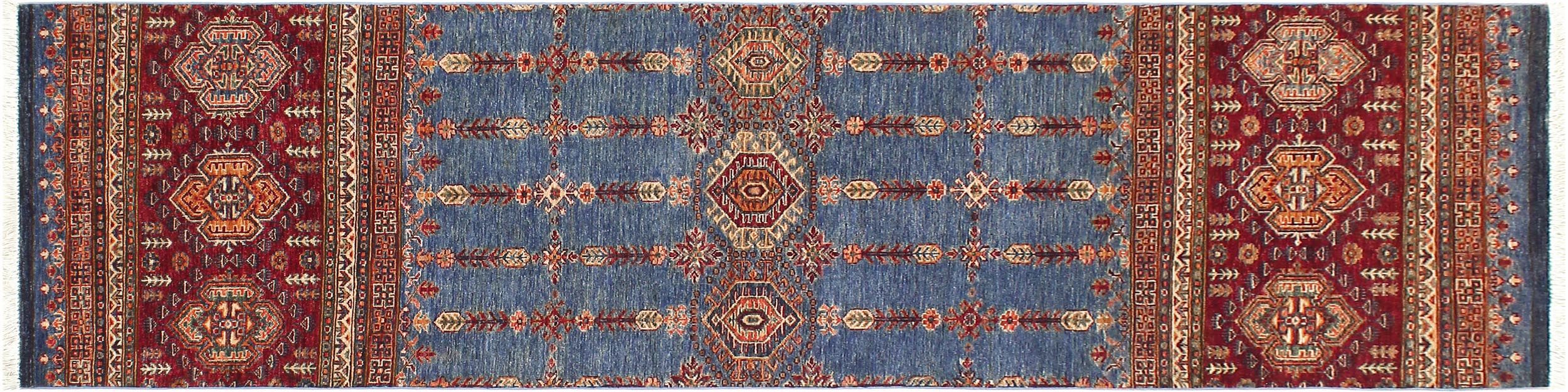 handmade Geometric Kurjean Blue Red Hand Knotted RUNNER 100% WOOL area rug 3x9
