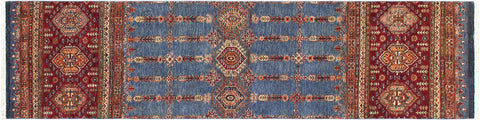 handmade Geometric Kurjean Blue Red Hand Knotted RUNNER 100% WOOL area rug 3x9