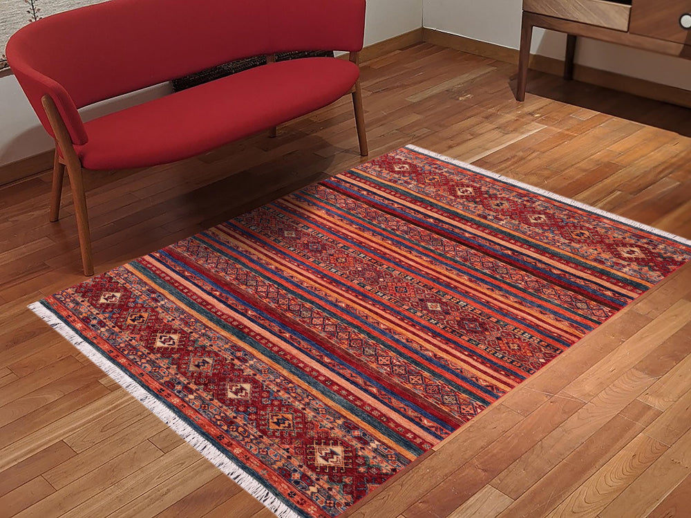 handmade Geometric Kurjean Red Blue Hand Knotted RECTANGLE 100% WOOL area rug 5x7