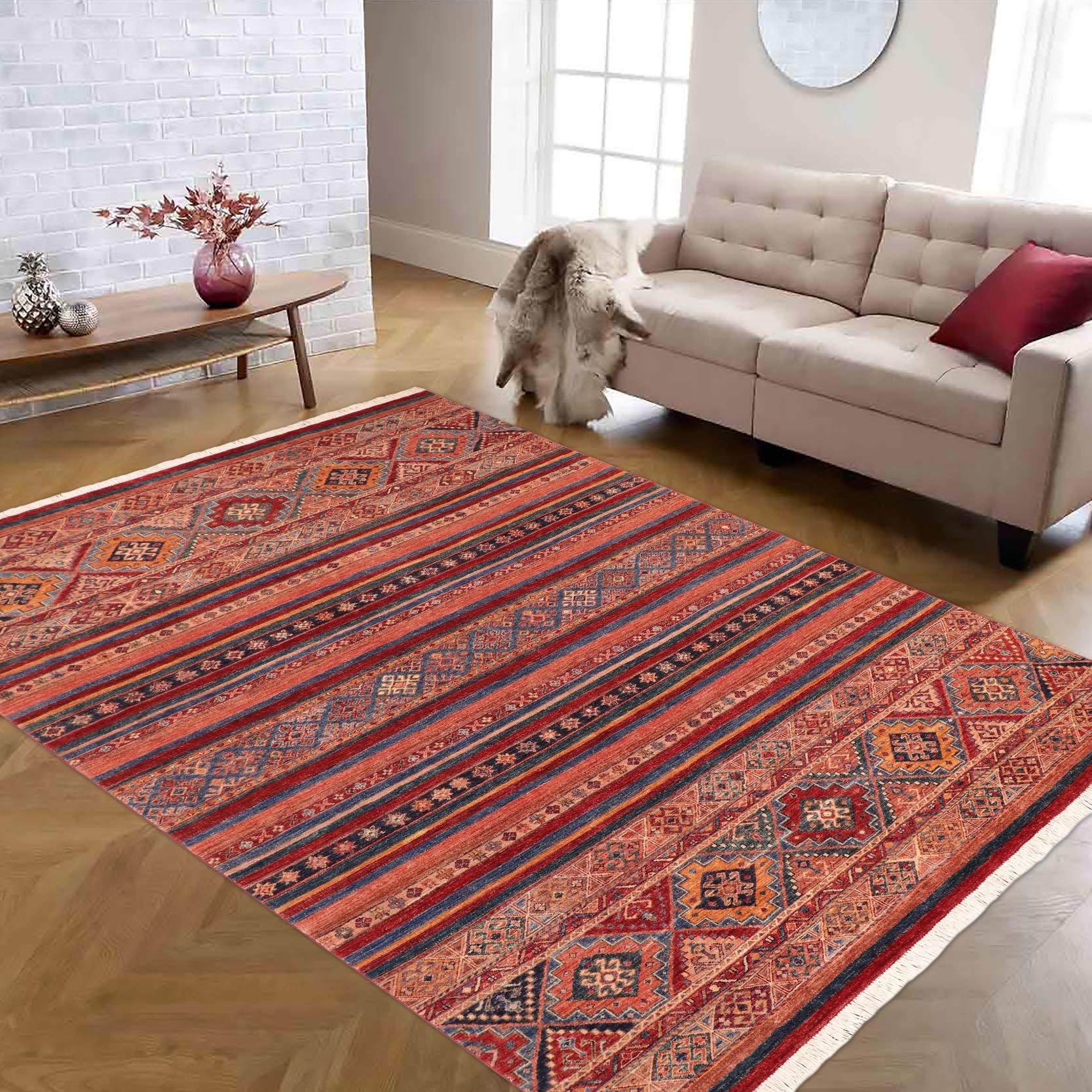 handmade Geometric Kurjean Red Blue Hand Knotted RECTANGLE 100% WOOL area rug 7x10