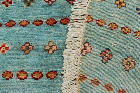 handmade Geometric Kurjean Blue Gold Hand Knotted ROUND 100% WOOL area rug 3x3