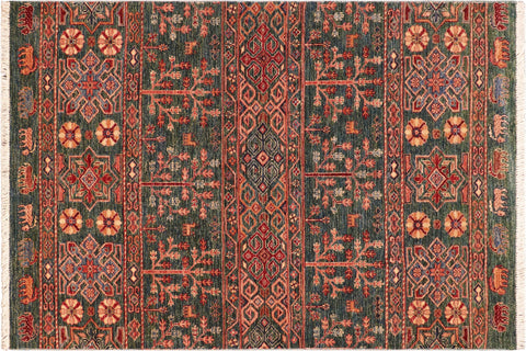 handmade Geometric Kurjean Green Orange Hand Knotted RECTANGLE 100% WOOL area rug 4x6