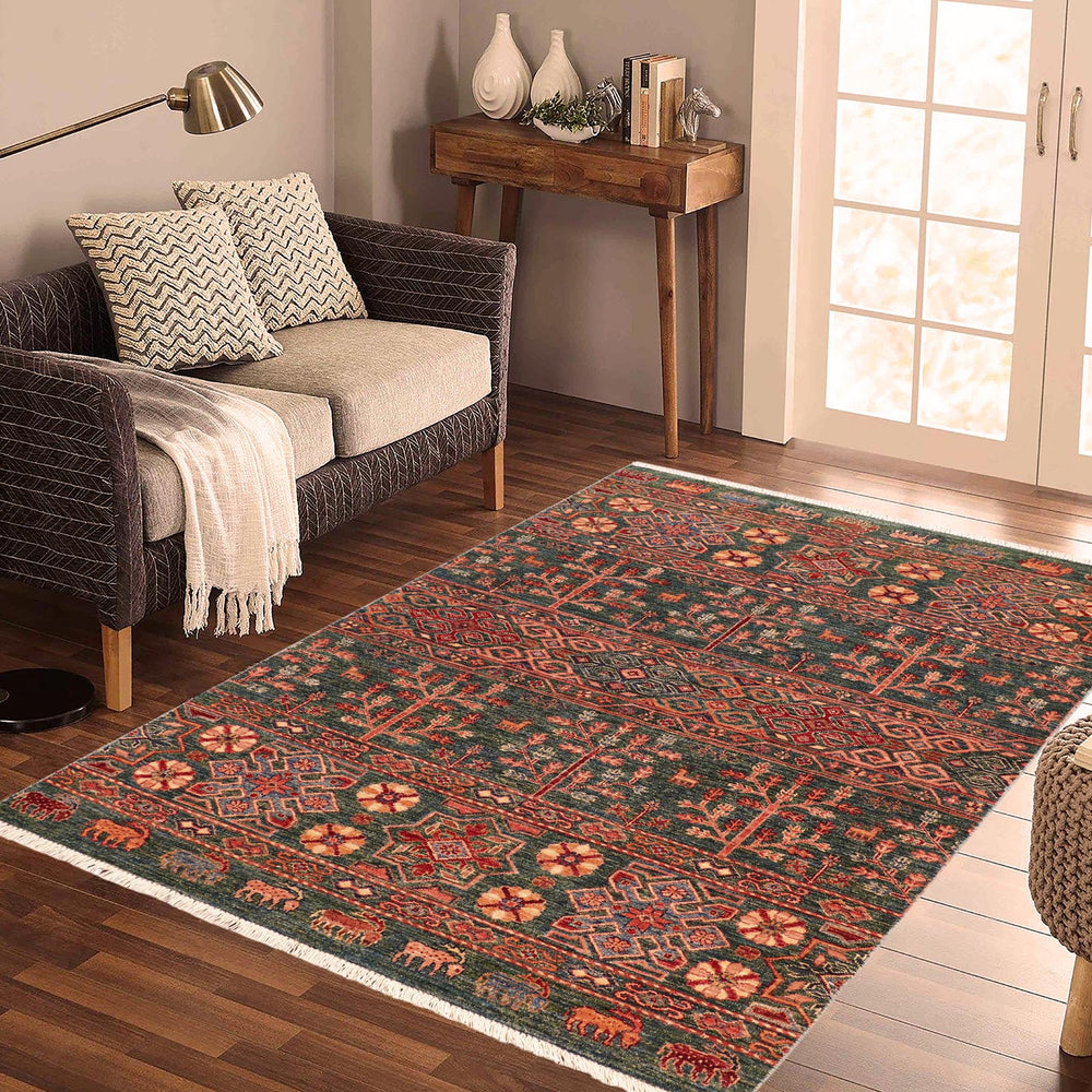 handmade Geometric Kurjean Green Orange Hand Knotted RECTANGLE 100% WOOL area rug 4x6