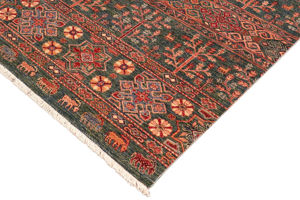 handmade Geometric Kurjean Green Orange Hand Knotted RECTANGLE 100% WOOL area rug 4x6