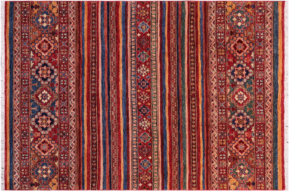 handmade Geometric Kurjean Red Blue Hand Knotted RECTANGLE 100% WOOL area rug 5x6