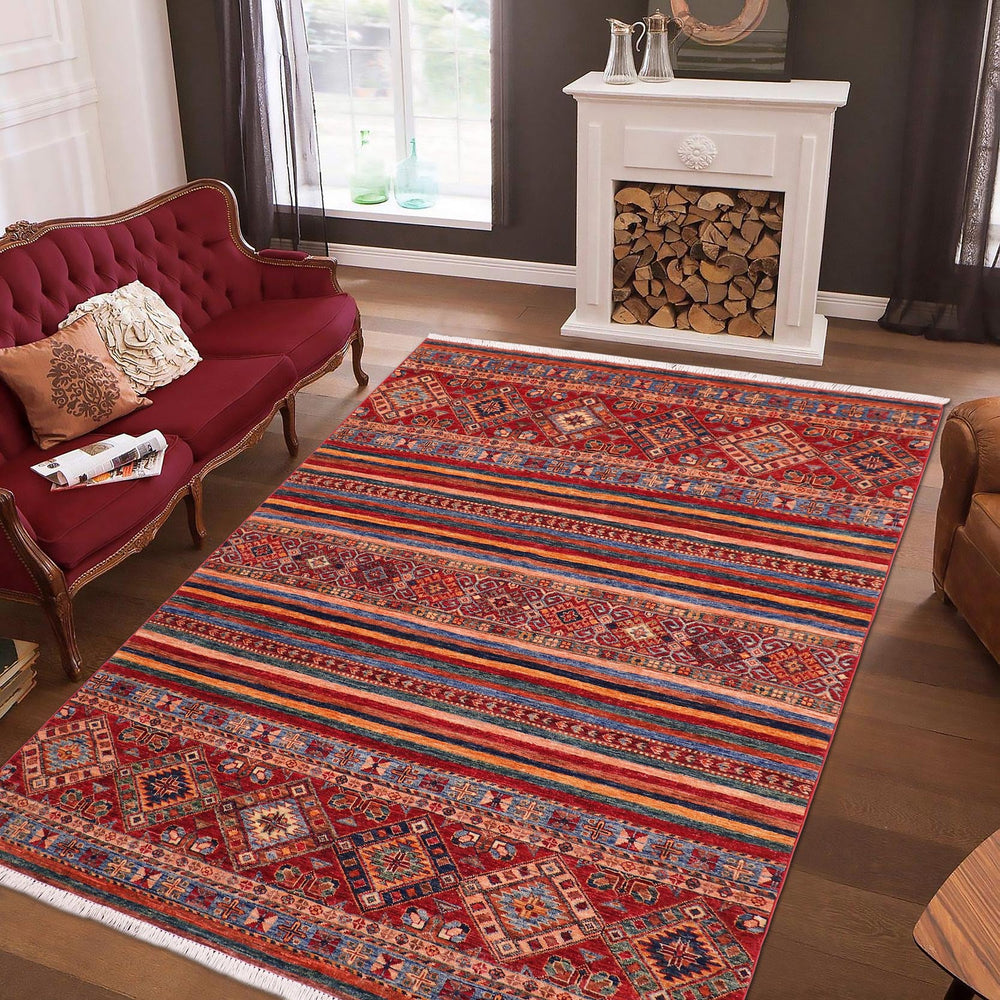 handmade Geometric Kurjean Red Blue Hand Knotted RECTANGLE 100% WOOL area rug 5x7