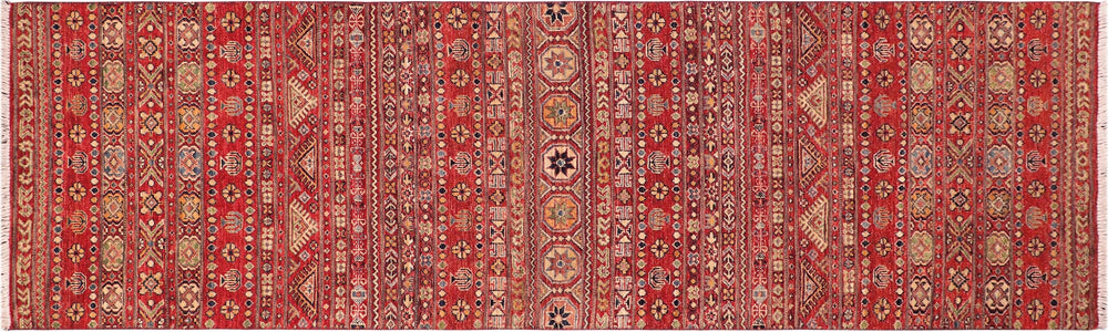 handmade Geometric Kurjean Red Green Hand Knotted RUNNER 100% WOOL area rug 3x9