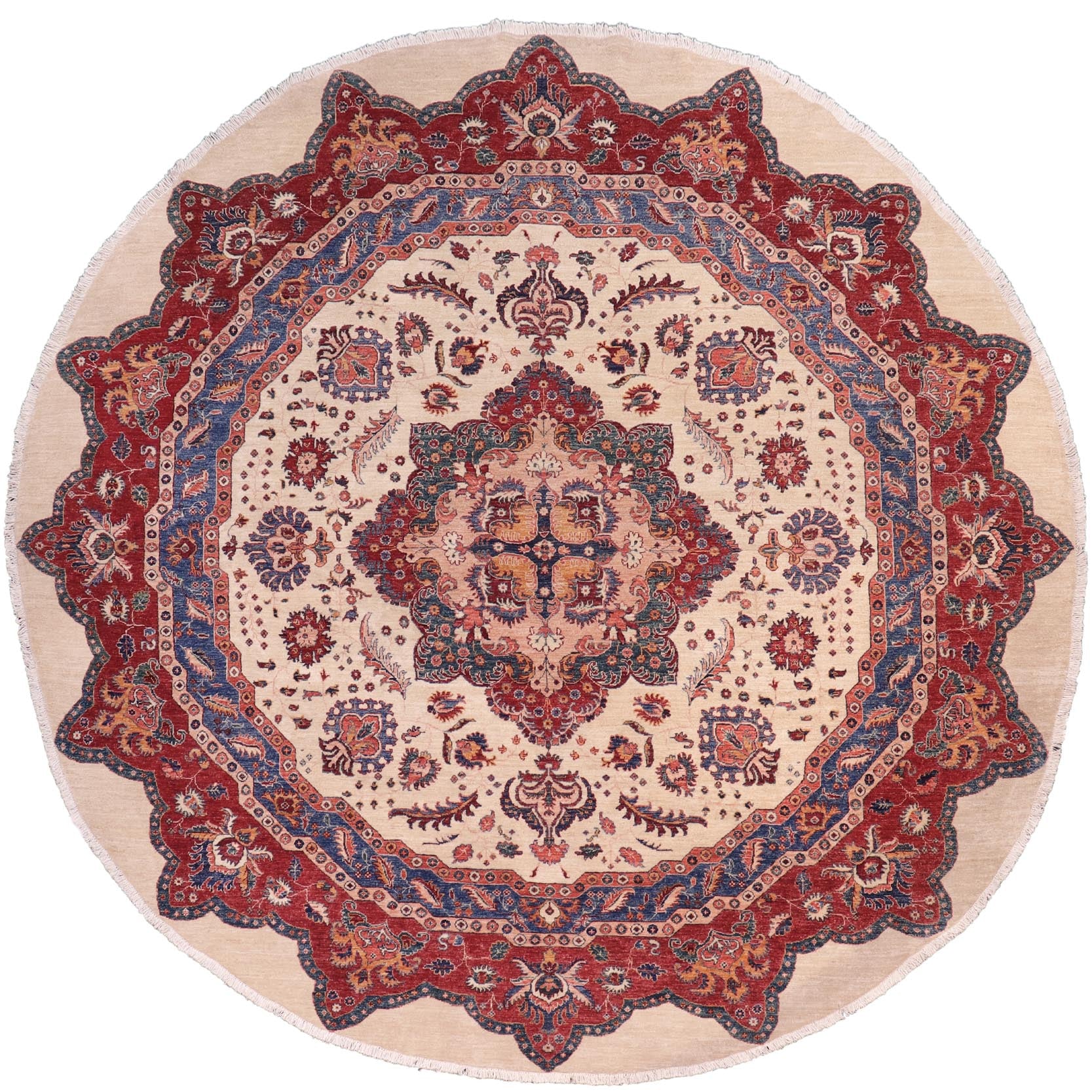 handmade Geometric Kurjean Beige Red Hand Knotted ROUND 100% WOOL area rug 10x10