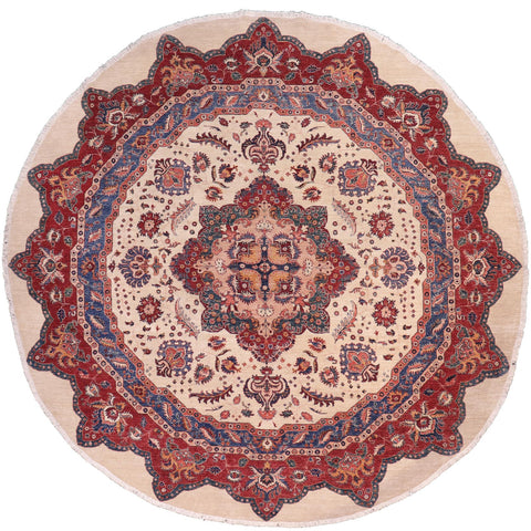 handmade Geometric Kurjean Beige Red Hand Knotted ROUND 100% WOOL area rug 10x10