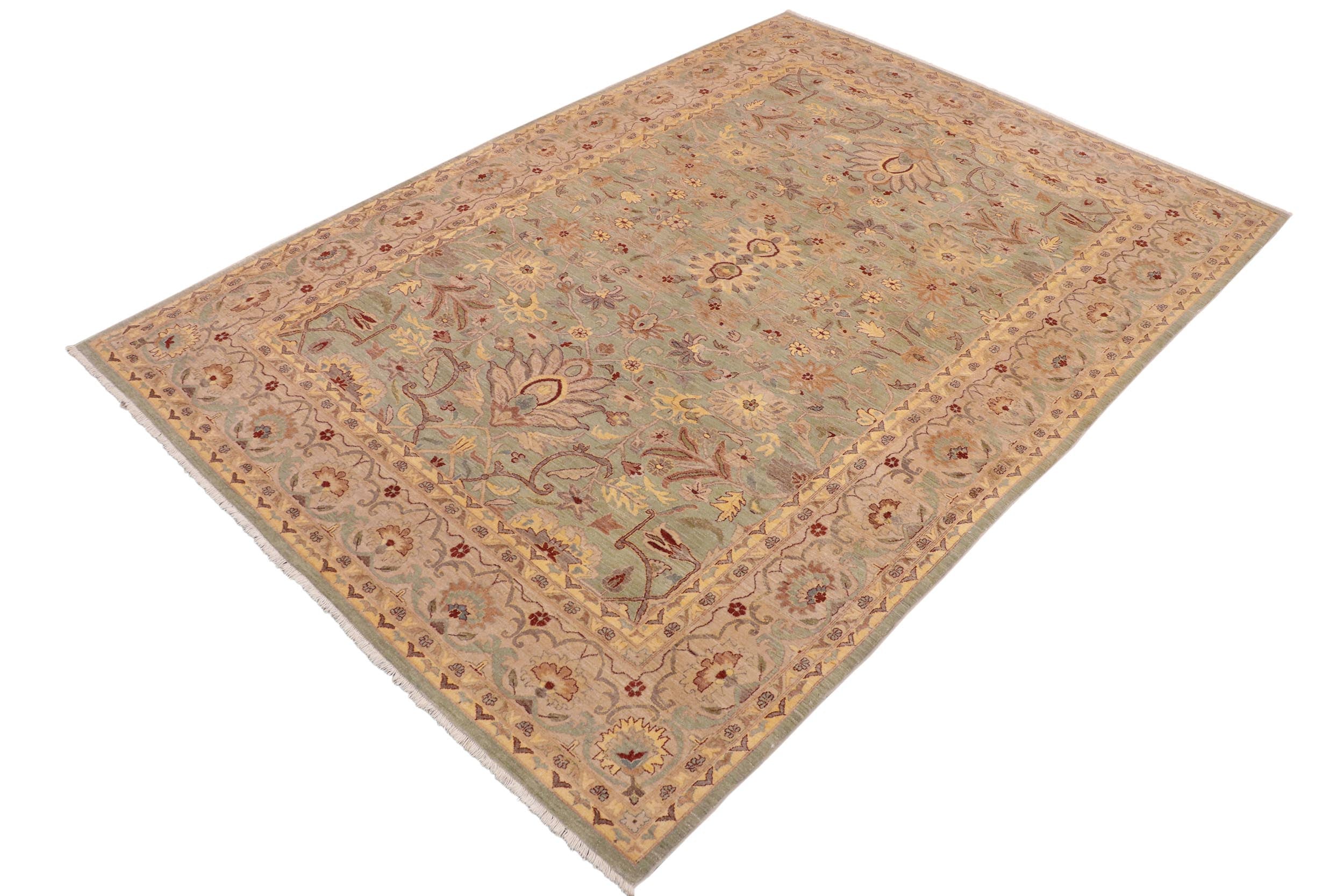 handmade Traditional Kafkaz Green Tan Hand Knotted RECTANGLE 100% WOOL area rug 10x14