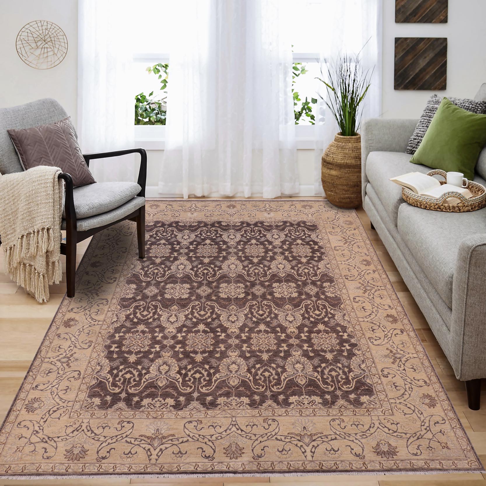 handmade Transitional Kafkaz Charcoal Beige Hand Knotted RECTANGLE 100% WOOL area rug 8' x 10'