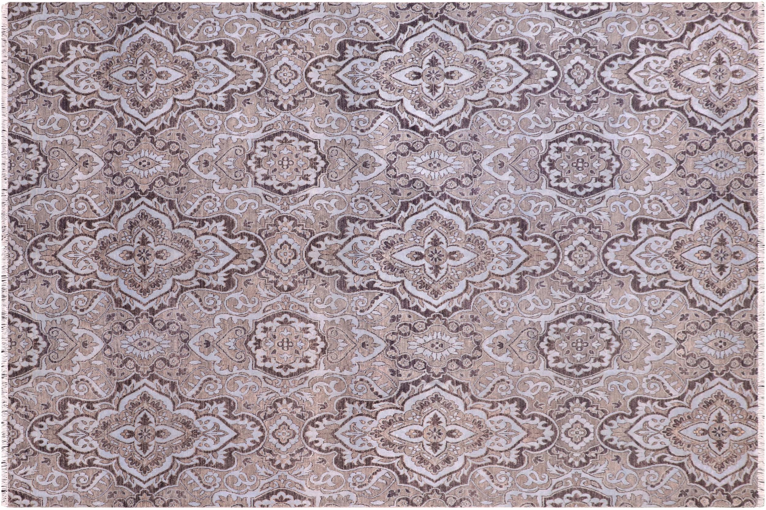 handmade Modern Kafkaz Gray Lt. Blue Hand Knotted RECTANGLE WOOL&SILK area rug 8' x 10'