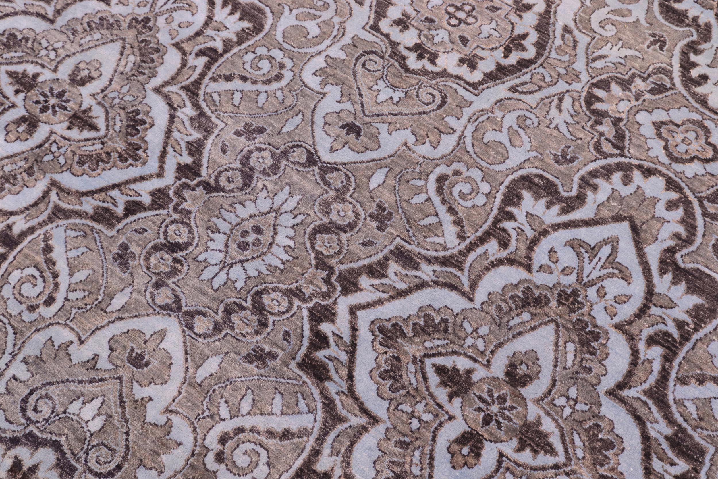handmade Modern Kafkaz Gray Lt. Blue Hand Knotted RECTANGLE WOOL&SILK area rug 8' x 10'