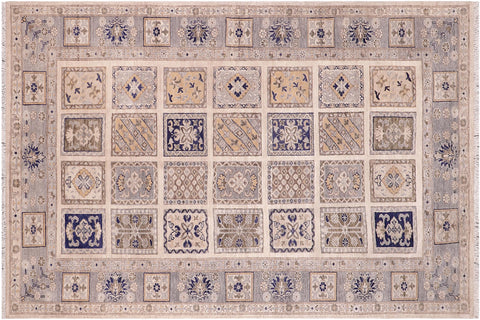 handmade Geometric Kafkaz Ivory Blue Hand Knotted RECTANGLE 100% WOOL area rug 6' x 9'