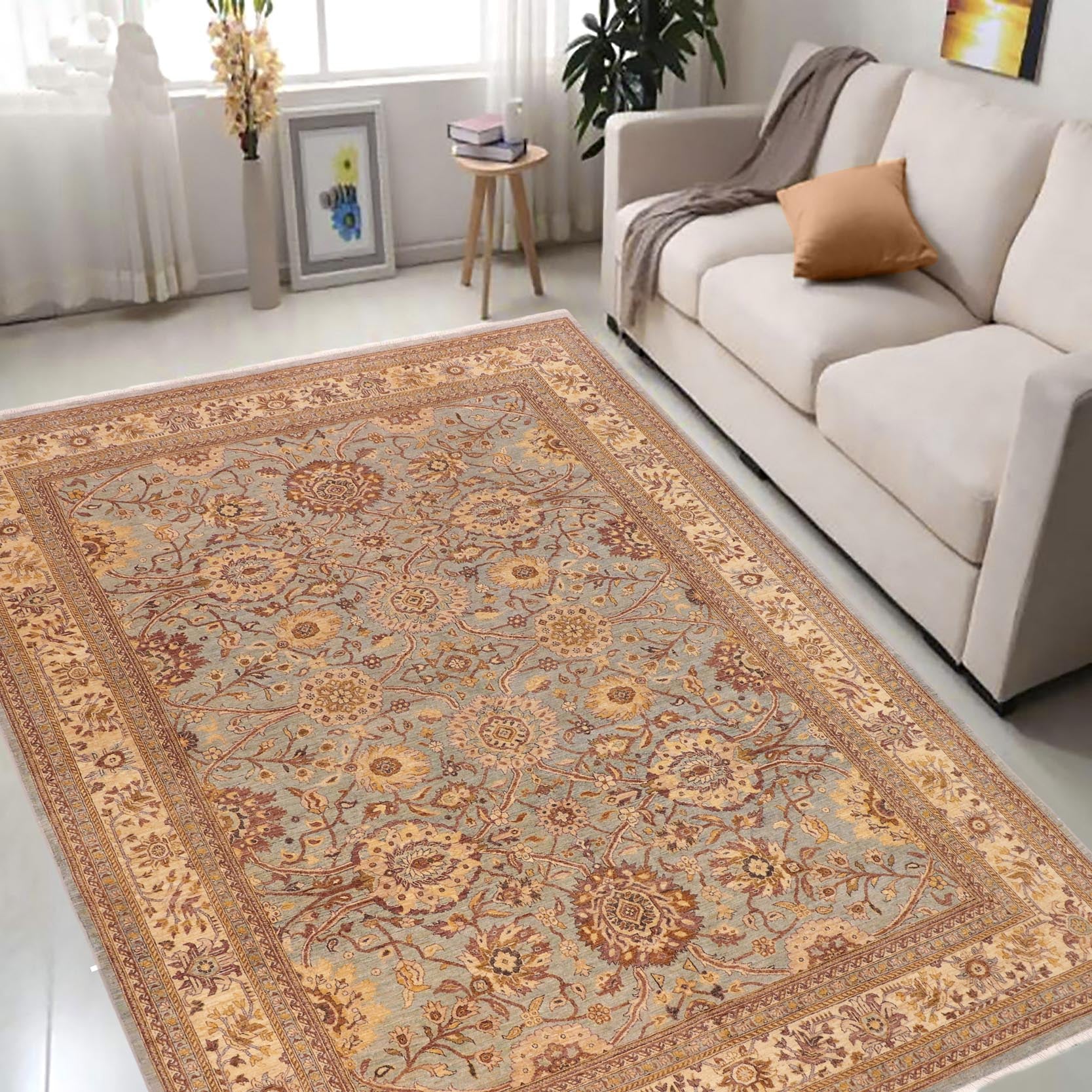 handmade Traditional Kafkaz Blue Beige Hand Knotted RECTANGLE 100% WOOL area rug 10x14