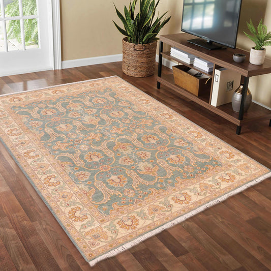handmade Transitional Kafkaz Green Beige Hand Knotted RECTANGLE 100% WOOL area rug 5' x 7'