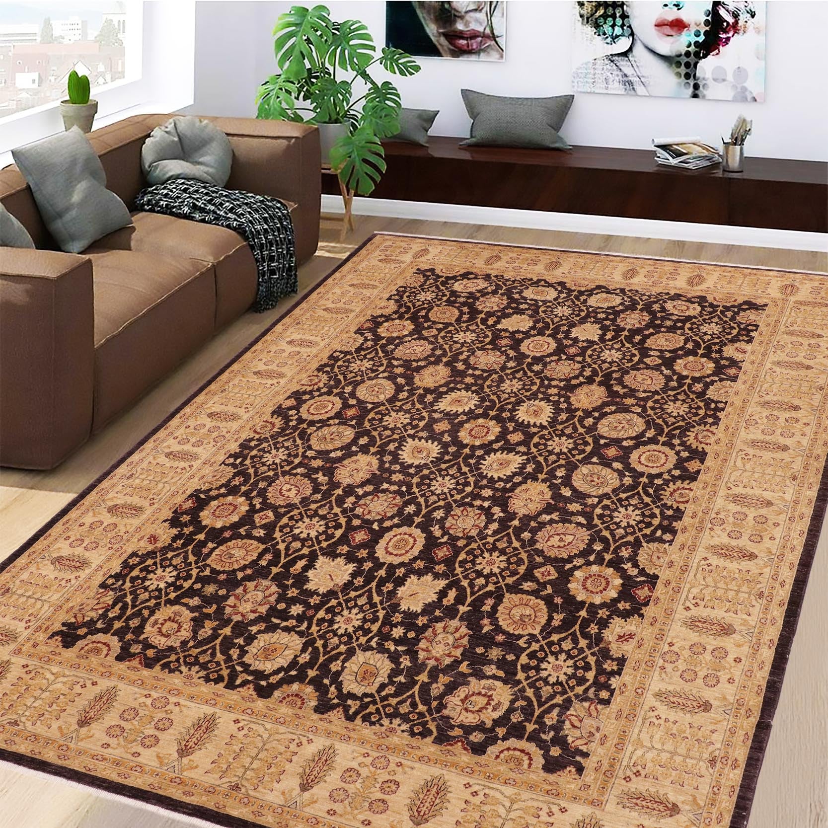 handmade Transitional Kafkaz Aubergine Beige Hand Knotted RECTANGLE 100% WOOL area rug 10' x 14'