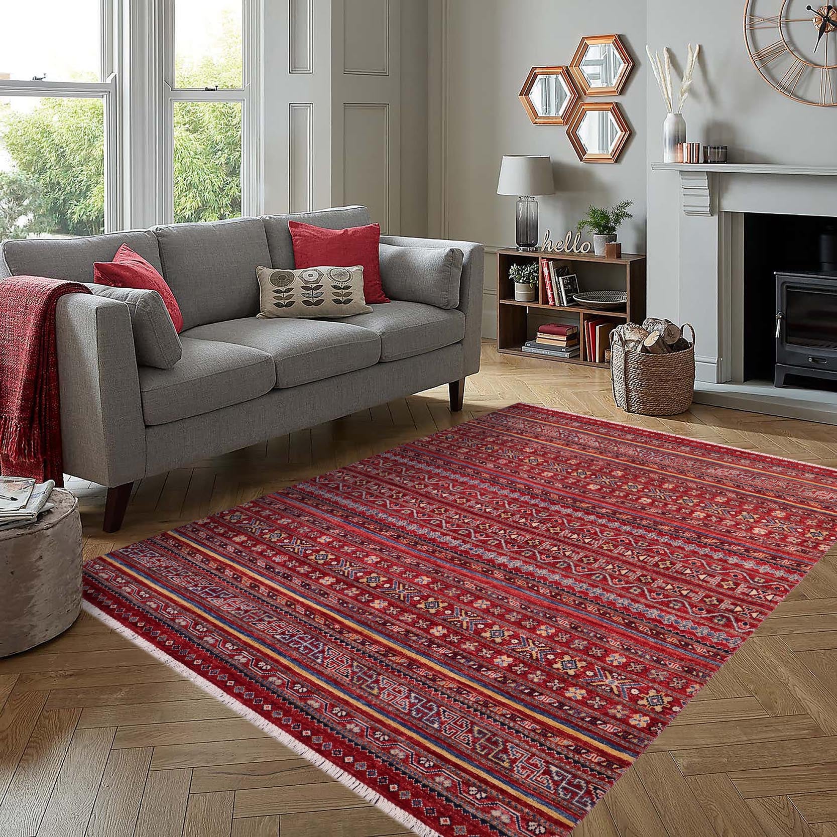 handmade Geometric Kurjean Red Gold Hand Knotted RECTANGLE 100% WOOL area rug 5x6
