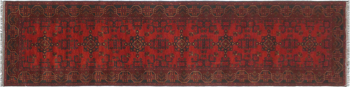 3x12 hand knotted Khal Mohammadi wool runner rug in red and blue - Rustic Biljik Khal Mohammadi Bee