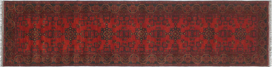 handmade Geometric Khal Muhamm Red Blue Hand Knotted RUNNER 100% WOOL area rug 3' x 13'