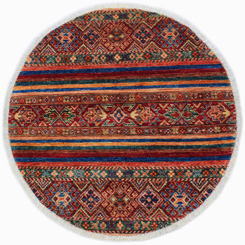 handmade Geometric Kurjean Red Blue Hand Knotted ROUND 100% WOOL area rug 3x3