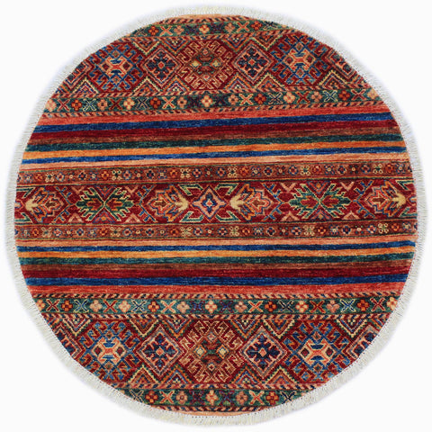 handmade Geometric Kurjean Red Blue Hand Knotted ROUND 100% WOOL area rug 3x3