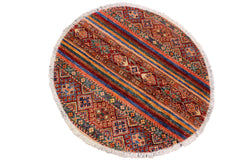 handmade Geometric Kurjean Red Blue Hand Knotted ROUND 100% WOOL area rug 3x3