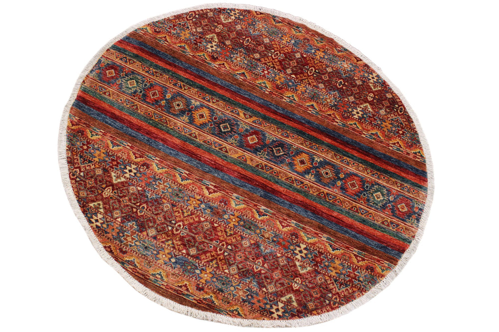 handmade Geometric Kurjean Red Blue Hand Knotted ROUND 100% WOOL area rug 5x5