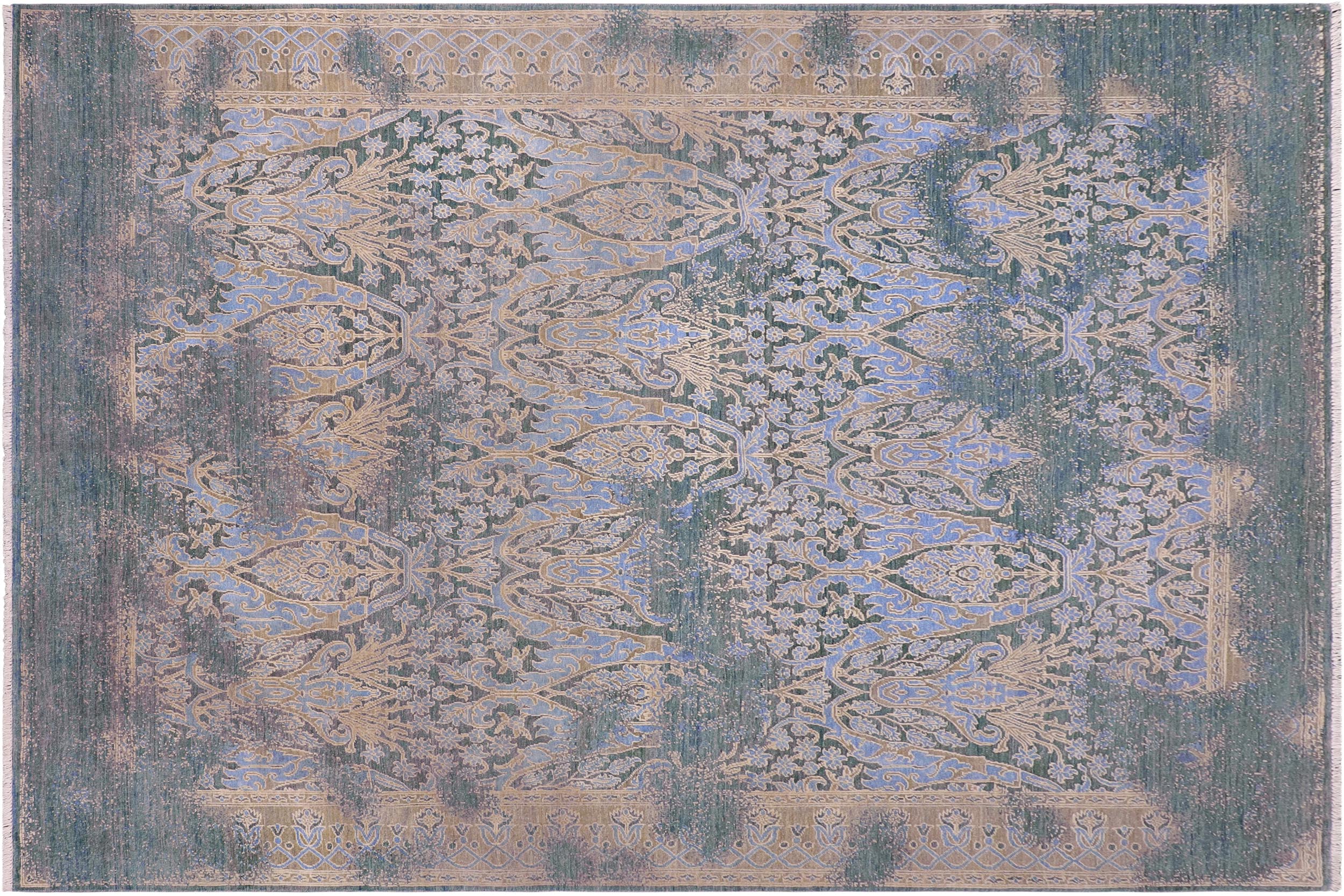 handmade Modern Kafkaz Teal Blue Hand Knotted RECTANGLE WOOL&SILK area rug 8' x 10'
